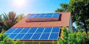 Casă cu panouri solare și natură înconjurătoare.