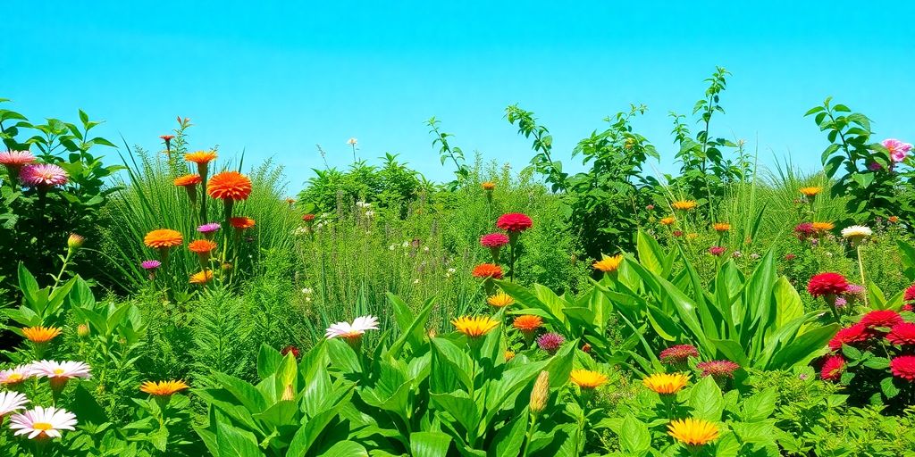 Grădină verde cu flori colorate și cer albastru.