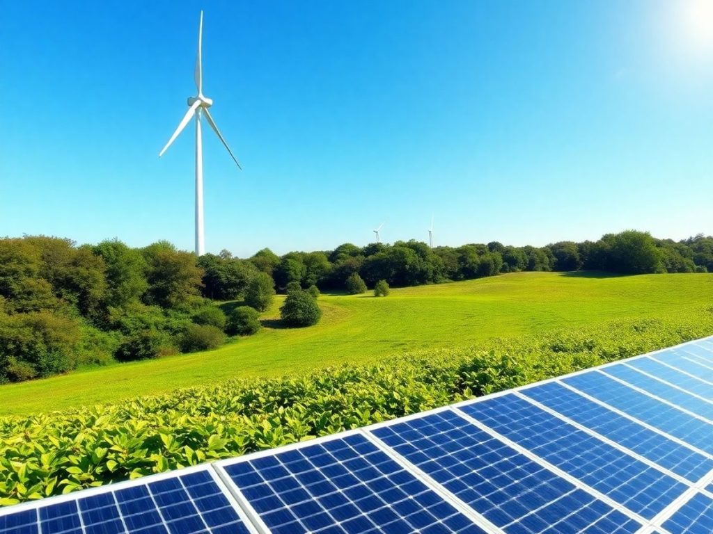 Peisaj verde cu turbine eoliene și panouri solare.