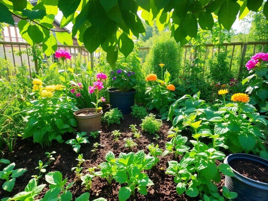 Grădină diversificată cu plante și legume sustenabile.