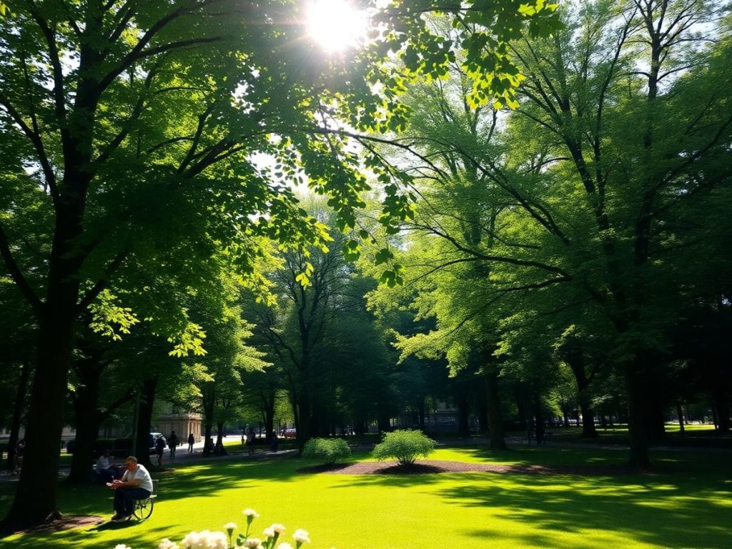 Parc urban verde cu copaci și flori, oameni relaxându-se.