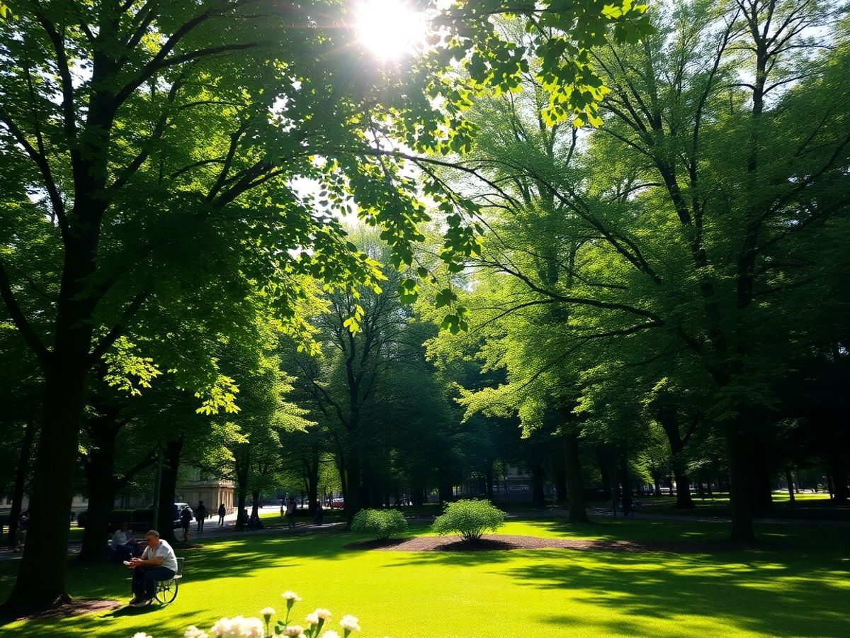 Parc urban verde cu copaci și flori, oameni relaxându-se.