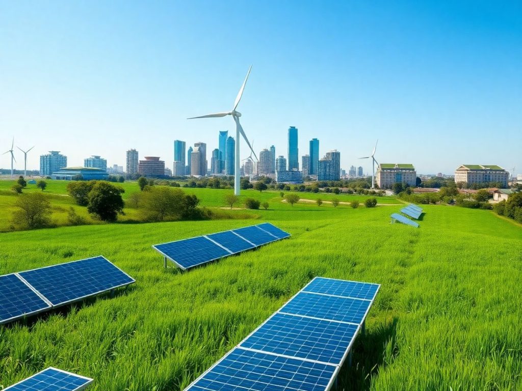 Tehnologii verzi: panouri solare, turbine eoliene și oraș curat.