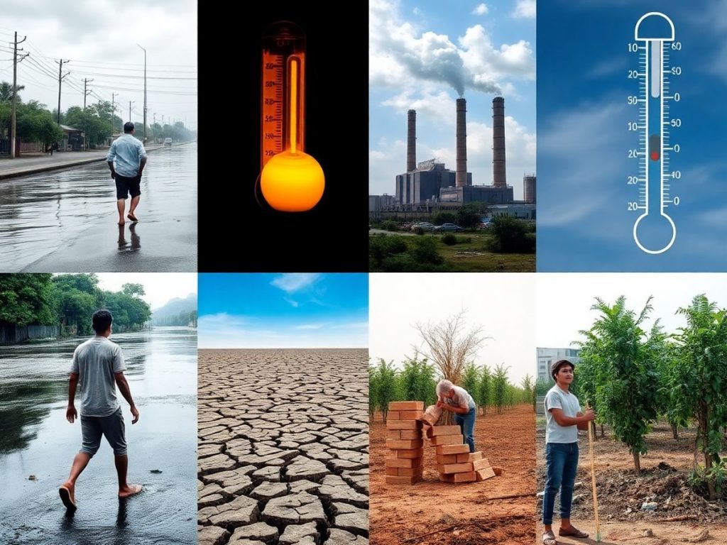 Oameni navigând inundații, secetă, poluare, temperaturi extreme.