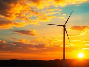 Turbine eoliene pe fundalul unui apus de soare colorat.