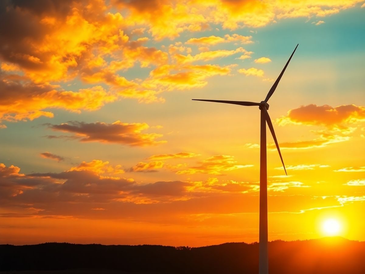 Turbine eoliene pe fundalul unui apus de soare colorat.