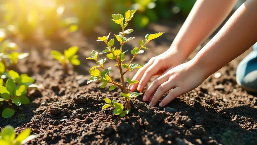Copilul plantează un copac în grădină.