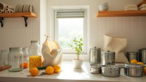 Gospodărie ecologică cu produse reutilizabile și natură.