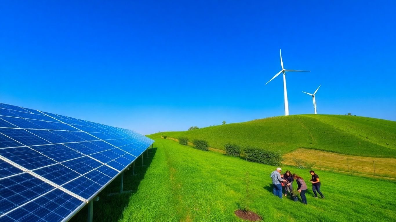 Proiect verde cu panouri solare și oameni plantând copaci
