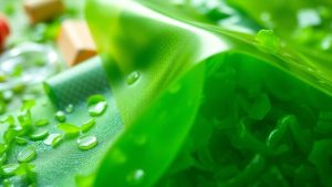 Bioplastic din alge înlocuind plasticul tradițional.